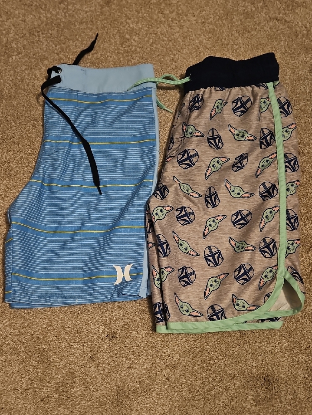Hurley Blue Striped Boys Swim Trunks and Tan Grogu Print Swim Shorts